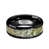 Black Ceramic Wedding Ring Green Dinosaur Bone Inlay Beveled and Polished Finish - 8mm