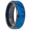 Grooved Finish Center Tungsten Ring Prussian Blue IP Plated Diagonally & Black Inner Stepped Edge - 8mm