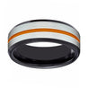 Men’s Black Tungsten Carbide Ring with Brushed Silver Center and Orange Groove 8mm