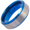Mens Blue Tungsten Wedding Band Gun Metal Beveled Edge Brushed Finish - 8mm