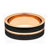 Men’s Rose Gold Inlay Grooved Black Tungsten Wedding Band Pipe Cut- 6mm & 8mm