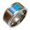 Mens Titanium Band Genuine Hawaiian Koa Wood Inlay Opal Comfort Fit Ring - 10mm