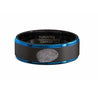 Mens Two Tone Brushed Black Tungsten Wedding Band Finger Print Engraved Blue Step Edge Comfort Fit - 8mm