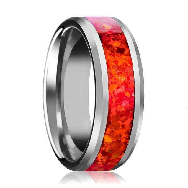 MONTROSE Red Opal Inlaid Tungsten Ring Beveled Finish Unisex 4mm - 8mm