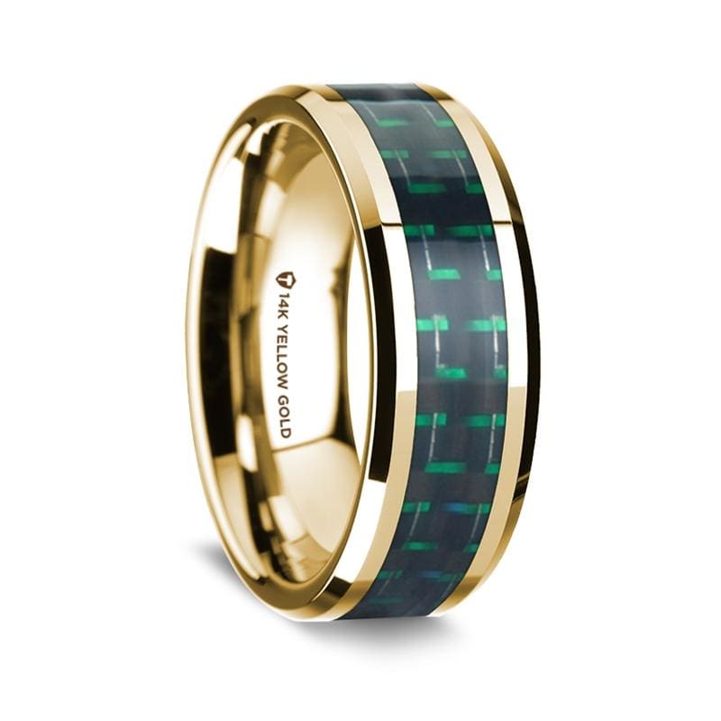 14K Yellow Gold Wedding Ring w/ Black Green Carbon Fiber Inlay