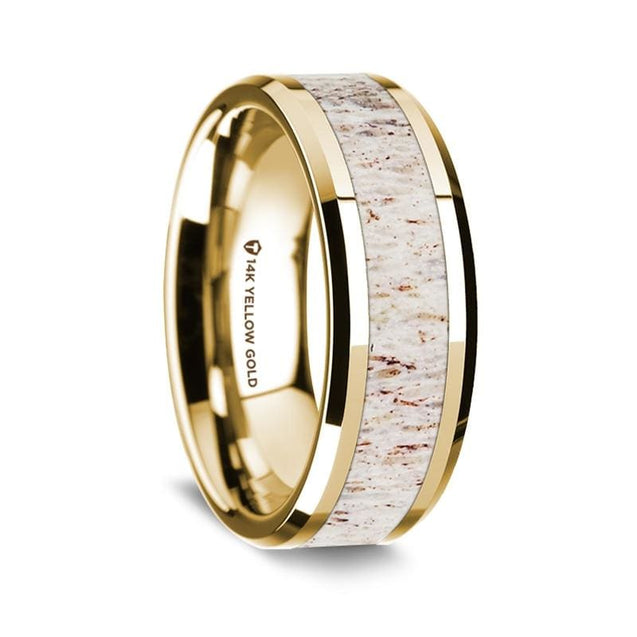 14K Yellow Gold Wedding Ring W/ White Deer Antler Inlay & Beveled Edges - 8mm