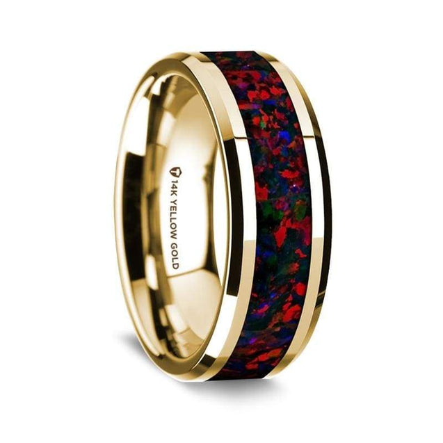 14K Yellow Gold Wedding Ring with Black and Red Opal Inlay Beveled Edges - 8 mm