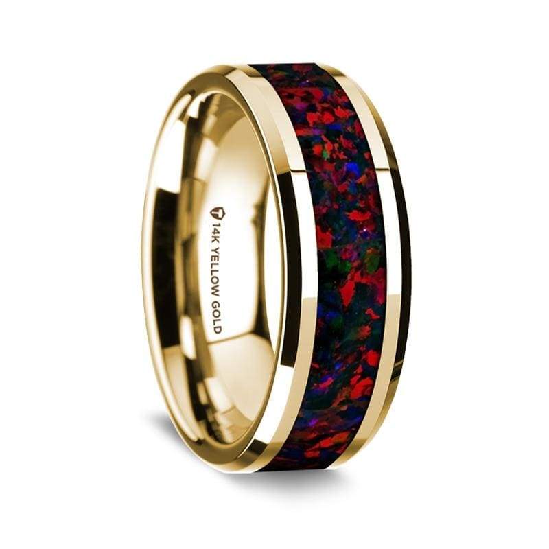 14K Yellow Gold Wedding Ring with Black and Red Opal Inlay Beveled