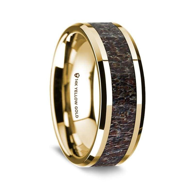 14K Yellow Gold Wedding Ring with Dark Deer Antler Inlay Beveled Edges - 8 mm