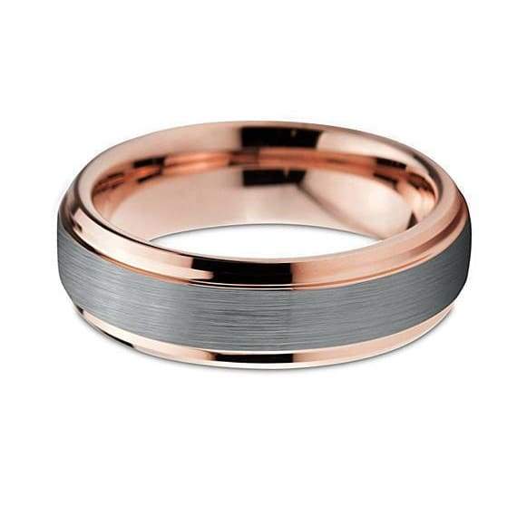 18K Rose Gold Inlaid Tungsten Wedding Band w/ Stepped Edges Brushed Center- 6mm