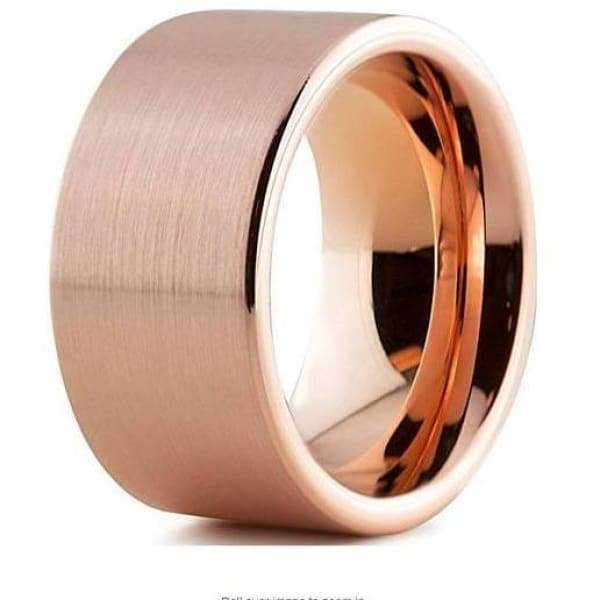 18K Rose Gold Tungsten Wedding Band Pipe Cut Flat Brushed and Polished - 12mm