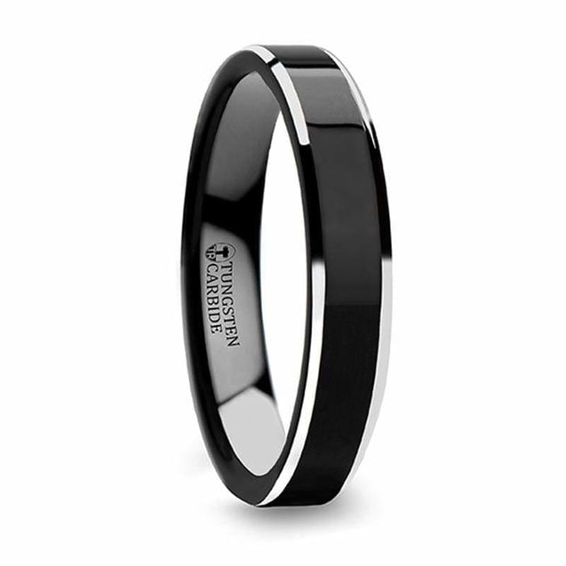ADA Highly Polished Black Women’s Tungsten Ring with White Bevels 4mm