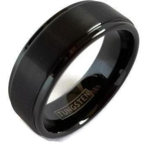 Adal Black Tungsten Carbide Ring With Polished Stepped Edges & Brushed Center - 8mm