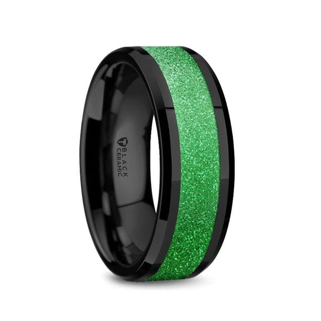 ADMON Men’s Black Ceramic Band Polished Beveled Edges Sparkling Green Inlay - 8mm