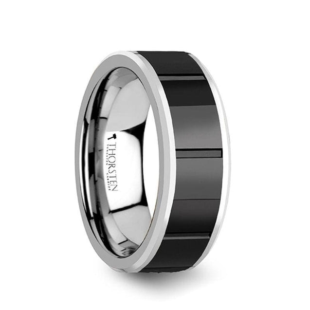 AKOS Men’s Tungsten Carbide Ring With Horizontal Grooved Black Ceramic Center 8 mm