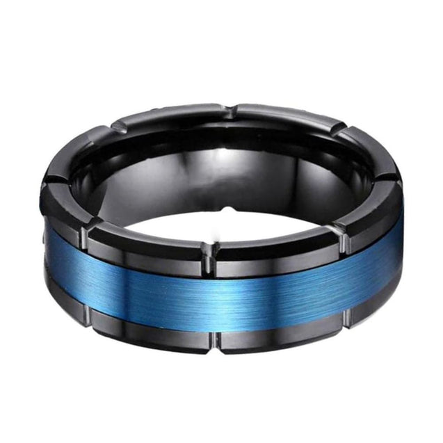 Alcoa Black Grooved Tungsten Carbide Wedding Band Blue Brushed Center - 8mm