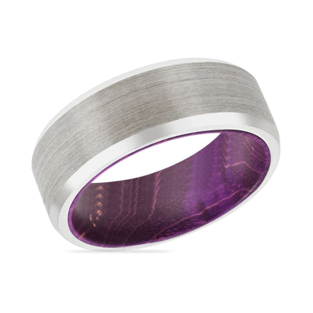 Alpine Purple Wood Sleeve Inlaid beveled Brushed Tungsten Carbide Ring - 8mm