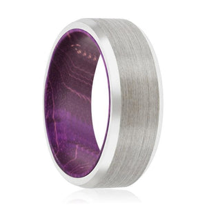 Alpine Purple Wood Sleeve Inlaid beveled Brushed Tungsten Carbide Ring - 8mm