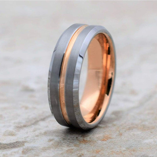 ALRIC Men’s Tungsten Carbide Ring Rose Gold Inlaid Inside & Recessed Stripe - 8mm