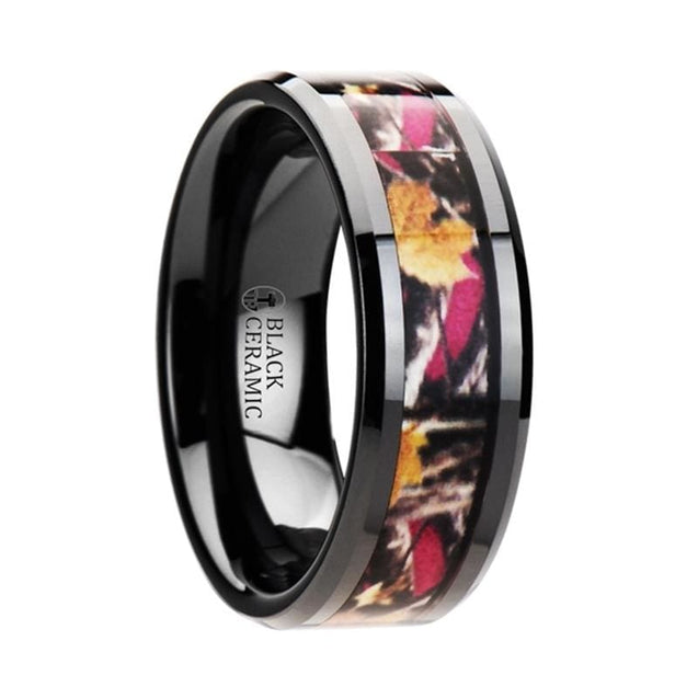AMARI Black Ceramic Camo Wedding Ring with Real Pink Oak Tree Leaves 6mm & 8mm