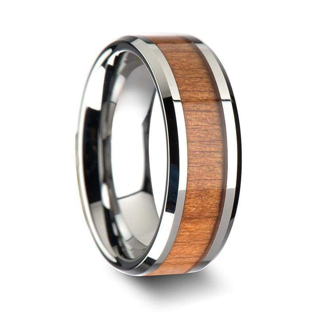 American Cherry Wood Inlaid Tungsten Ring Polished Beveled Edges 6mm - 10mm
