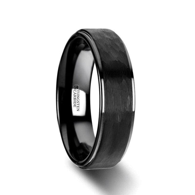 ARIUS Black Tungsten Wedding Band with Raised Hammer Finish Step Edges 6mm - 8mm