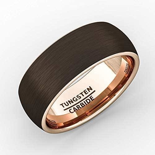 ARIUS Domed 18k Rose Gold Inlaid Brown Brushed Tungsten Wedding Ring - 8mm