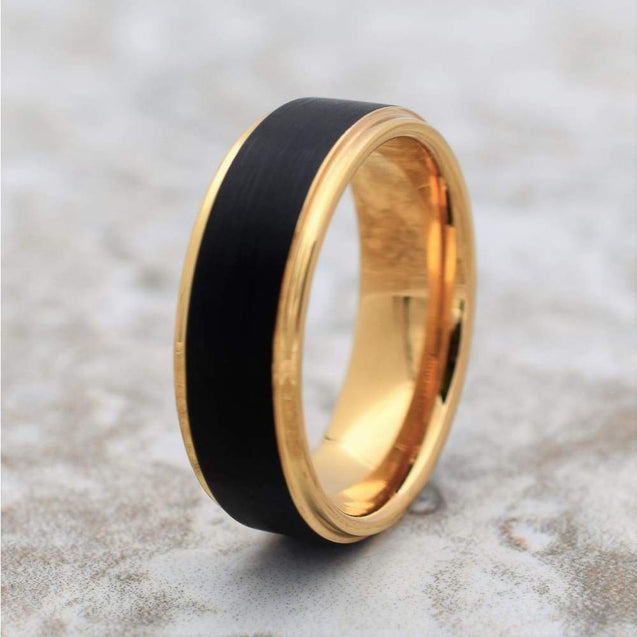 ATLAS Stunning Black Tungsten Carbide Wedding Ring with Yellow Gold Inlay - 8mm