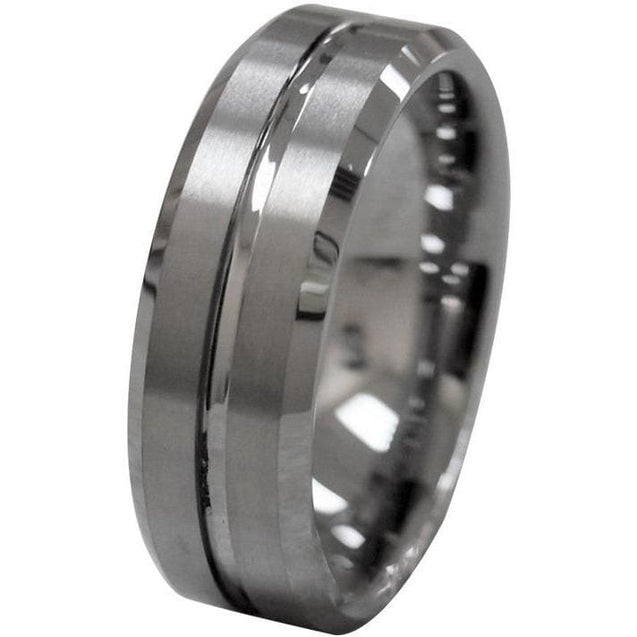 Austen Men’s Tungsten Wedding Band With Grooved Center and Beveled Edges 8mm