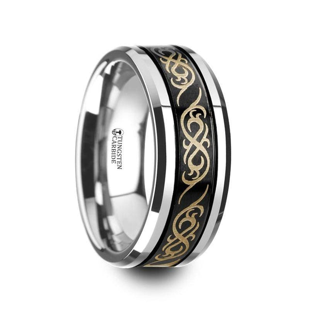 AVILIUS Celtic Pattern Tungsten Ring Dual Offset Grooves Beveled Edges - 9mm
