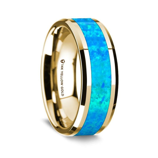 Baha 14K Yellow Gold Wedding Ring with Blue Opal Inlay Beveled Edges - 8 mm