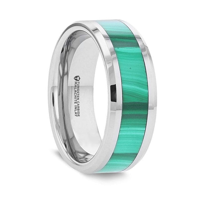 BALBUS Malachite Inlay Tungsten Carbide Ring With Polished Beveled Edges - 8mm
