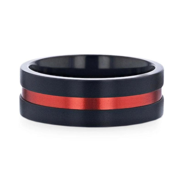 BARTOW Men’s Black Titanium Ring Red Aluminum Groove Brushed Center 8mm