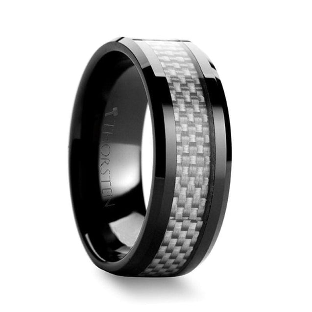 BECHAM Men’s Beveled Black Ceramic Ring with White Carbon Fiber Inlay - 8mm