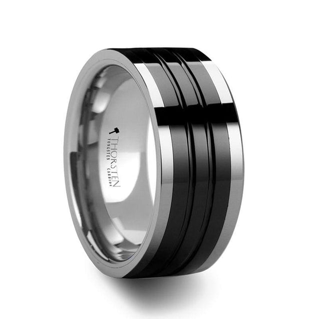 BENICIO Tungsten Carbide Ring With Grooved Black Ceramic Inlay 6mm -10 mm