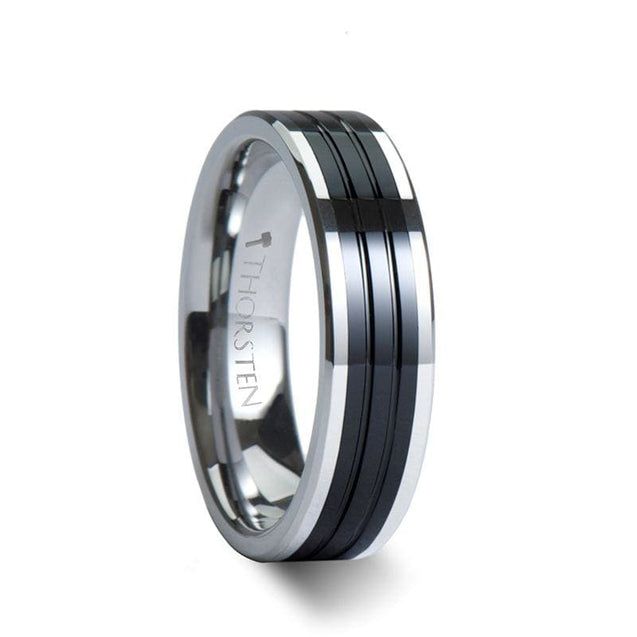 BENICIO Tungsten Carbide Ring With Grooved Black Ceramic Inlay 6mm -10 mm