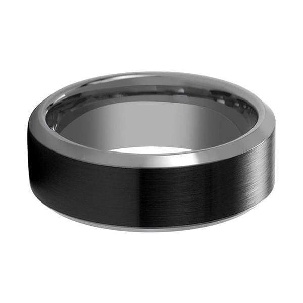 Beveled Black Tungsten Carbide Ring With Brushed Ceramic Center 6mm & 8mm