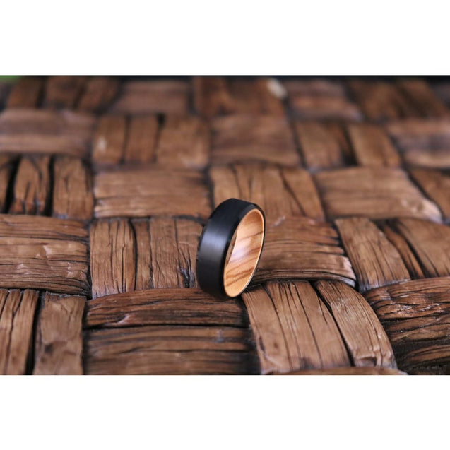 Beveled Men’s Black Tungsten Wedding Band with Olive Wood Sleeve - 8mm