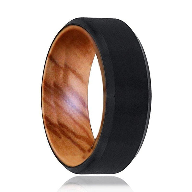 Beveled Men’s Black Tungsten Wedding Band with Olive Wood Sleeve - 8mm