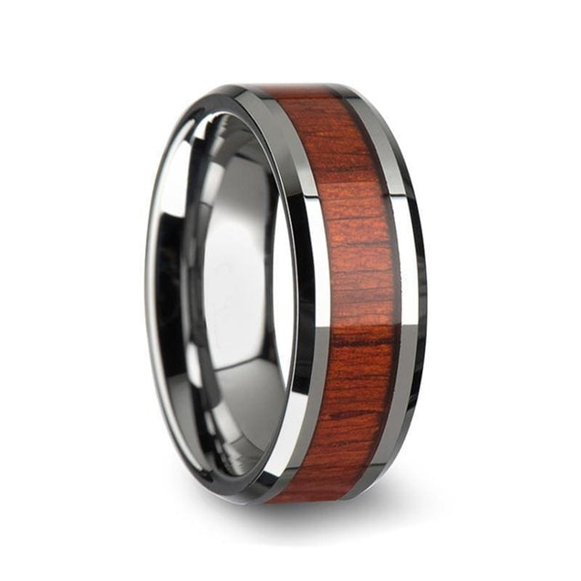 Beveled Mens Tungsten Wedding Ring With Real Padauk Wood Inlay 6mm - 10 mm