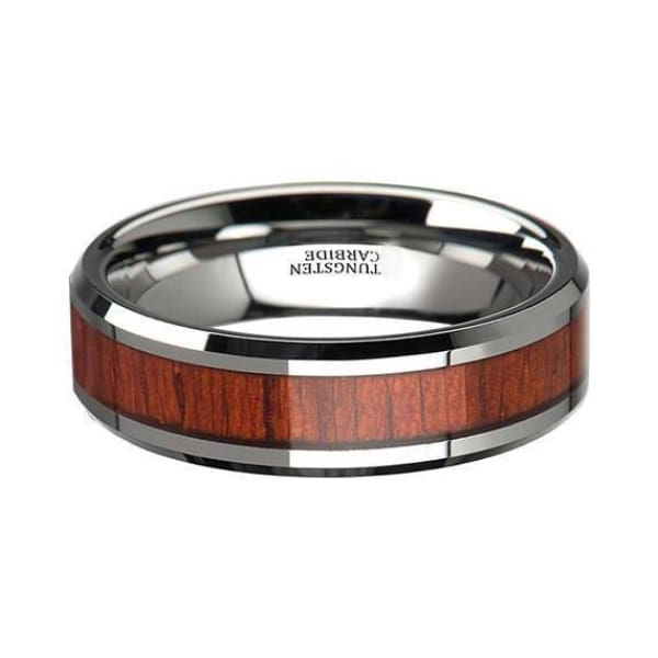 Beveled Mens Tungsten Wedding Ring With Real Padauk Wood Inlay 6mm - 10 mm