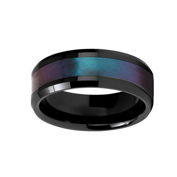 Black Ceramic Ring Blue Purple Color Changing Inlay Beveled Polished Finish 6mm - 10mm