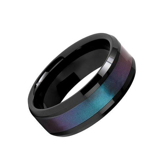 Black Ceramic Ring Blue Purple Color Changing Inlay Beveled Polished Finish 6mm - 10mm