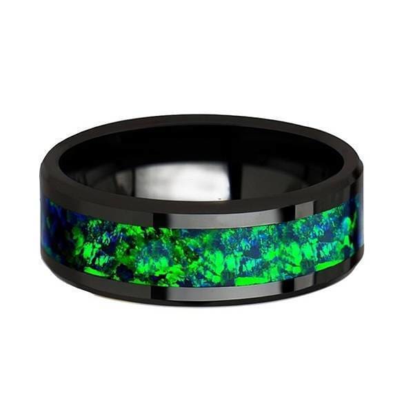 Black Ceramic Wedding Band Emerald Green & Sapphire Blue Color Opal Inlay 6mm 8mm