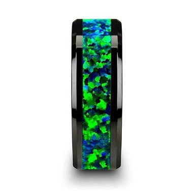 Black Ceramic Wedding Band Emerald Green & Sapphire Blue Color Opal Inlay 6mm 8mm