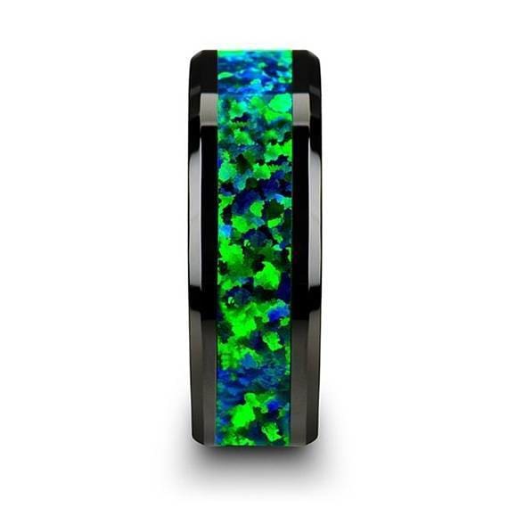 Black Ceramic Wedding Band Emerald Green & Sapphire Blue Color Opal Inlay 6mm 8mm
