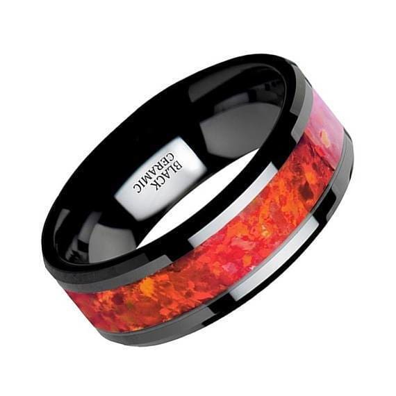  Black Ceramic Wedding Band Ring 8mm 6mm for Men Women Comfort  Fit Red Opal Band Red Engagement Ring Beveled Edge Polished Lightweight  Custom Laser Engraving : Handmade Products