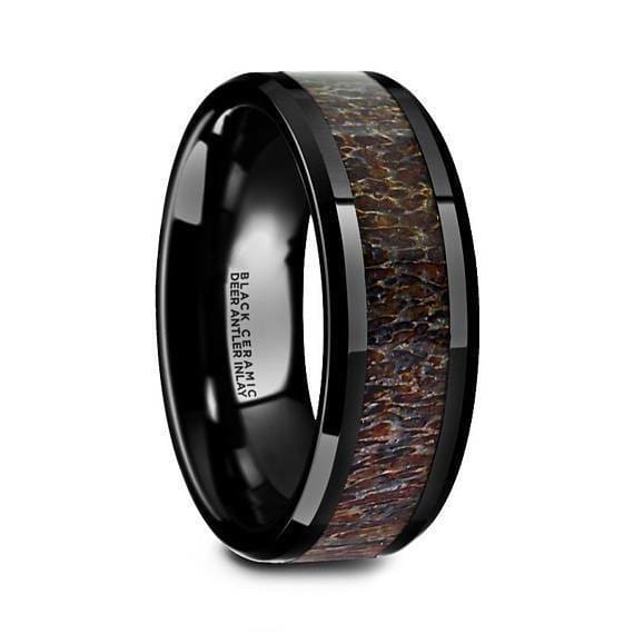 Black Ceramic Wedding Ring Deer Dark Brown Antler Inlay Beveled Polished Finish - 8mm