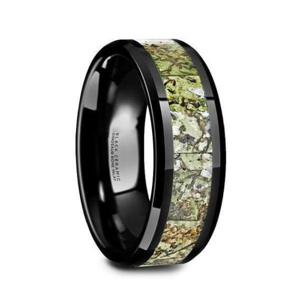 Black Ceramic Wedding Ring Green Dinosaur Bone Inlay Beveled and Polished Finish - 8mm