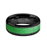 Black Ceramic Wedding Ring Sparkling Green Inlay Beveled Polished Finish - 8mm